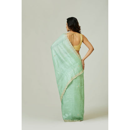 Aparnaa Aqua Pure Tussar Silk Pearl Dabka Embroidery Saree with Unstitched Blouse