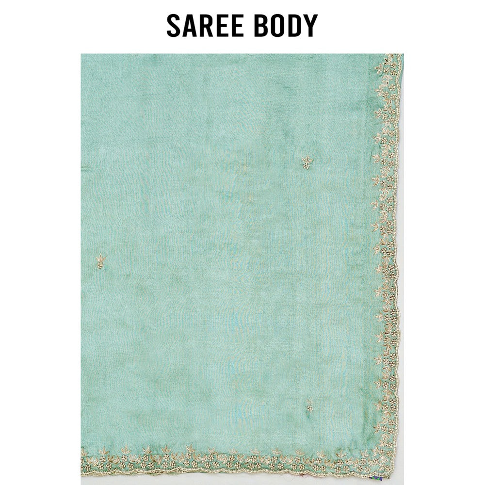Aparnaa Aqua Pure Tussar Silk Pearl Dabka Embroidery Saree with Unstitched Blouse