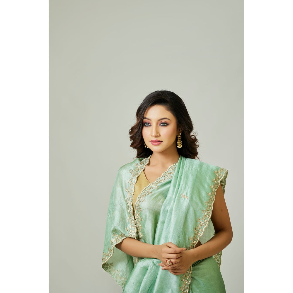Aparnaa Aqua Pure Tussar Silk Pearl Dabka Embroidery Saree with Unstitched Blouse