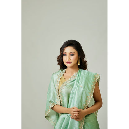 Aparnaa Aqua Pure Tussar Silk Pearl Dabka Embroidery Saree with Unstitched Blouse