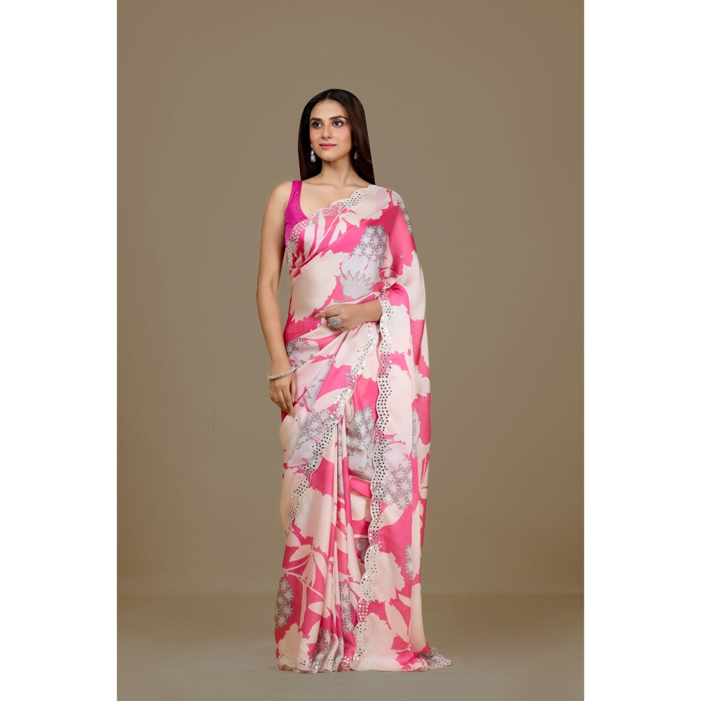 Aparnaa Pink Satin Georgette Handcrafted Mirror Work Saree with Unstitched Blouse