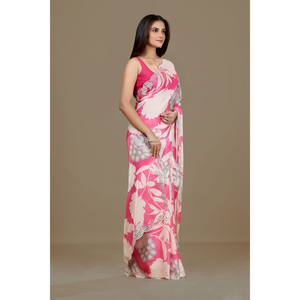 Aparnaa Pink Satin Georgette Handcrafted Mirror Work Saree with Unstitched Blouse