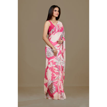 Aparnaa Pink Satin Georgette Handcrafted Mirror Work Saree with Unstitched Blouse