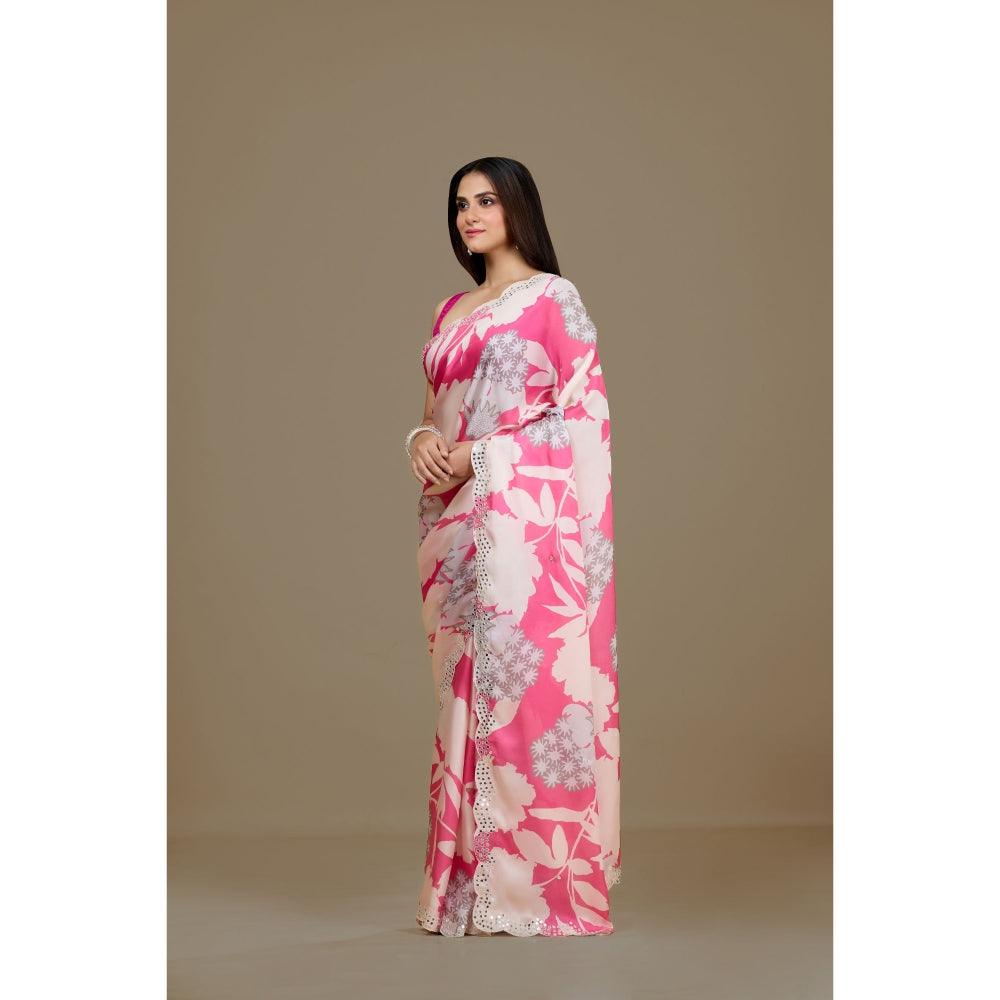 Aparnaa Pink Satin Georgette Handcrafted Mirror Work Saree with Unstitched Blouse