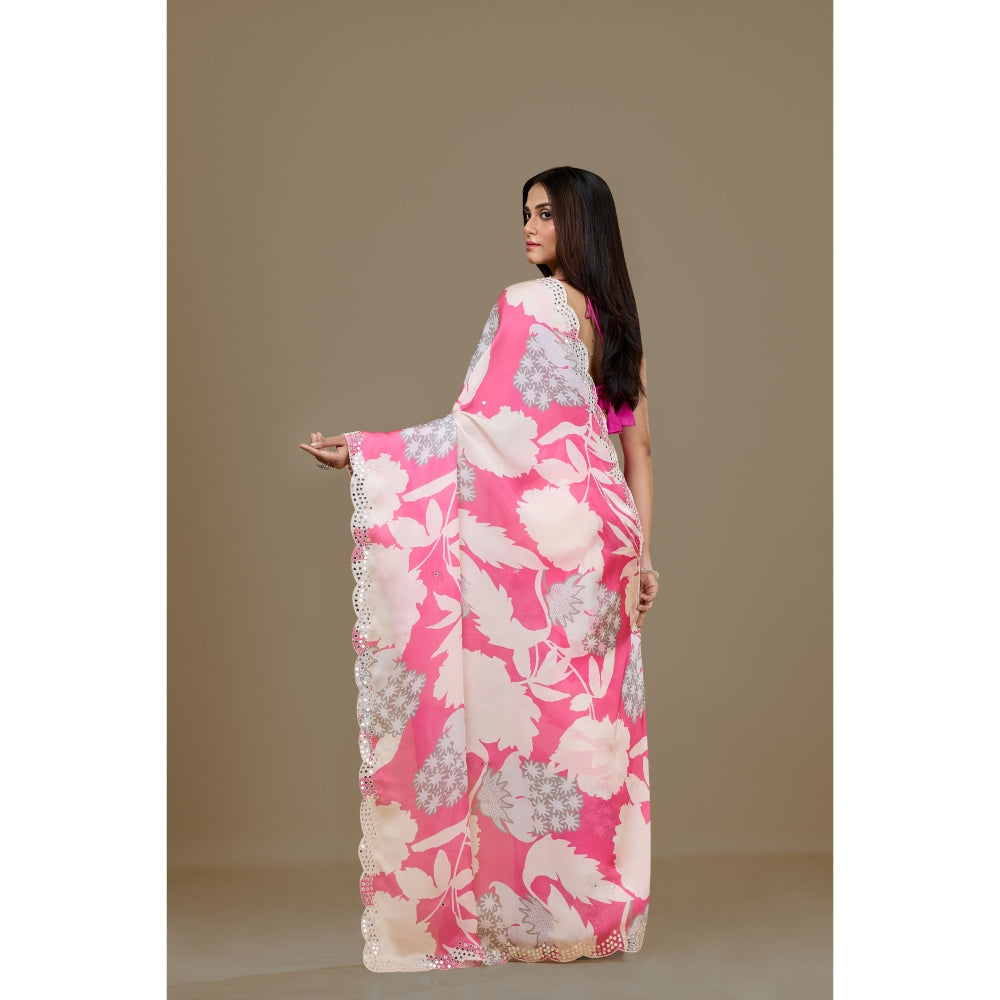 Aparnaa Pink Satin Georgette Handcrafted Mirror Work Saree with Unstitched Blouse