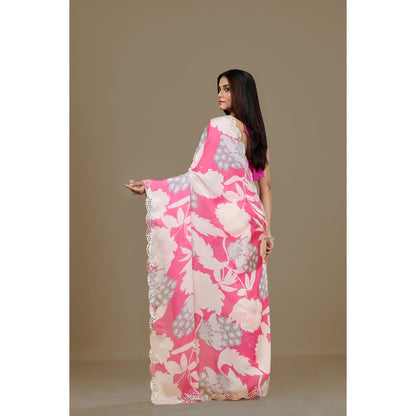 Aparnaa Pink Satin Georgette Handcrafted Mirror Work Saree with Unstitched Blouse