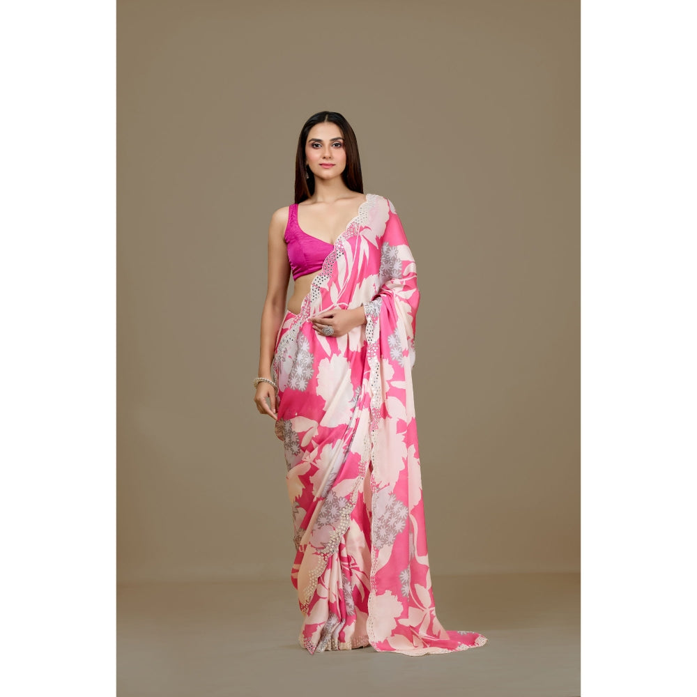 Aparnaa Pink Satin Georgette Handcrafted Mirror Work Saree with Unstitched Blouse