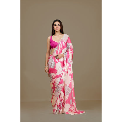 Aparnaa Pink Satin Georgette Handcrafted Mirror Work Saree with Unstitched Blouse