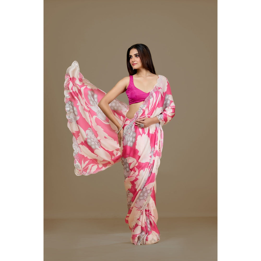 Aparnaa Pink Satin Georgette Handcrafted Mirror Work Saree with Unstitched Blouse