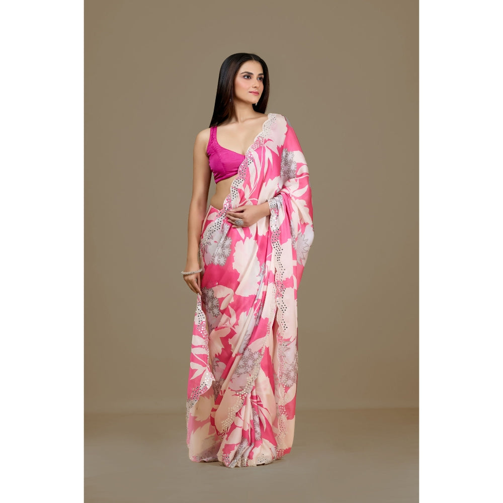 Aparnaa Pink Satin Georgette Handcrafted Mirror Work Saree with Unstitched Blouse
