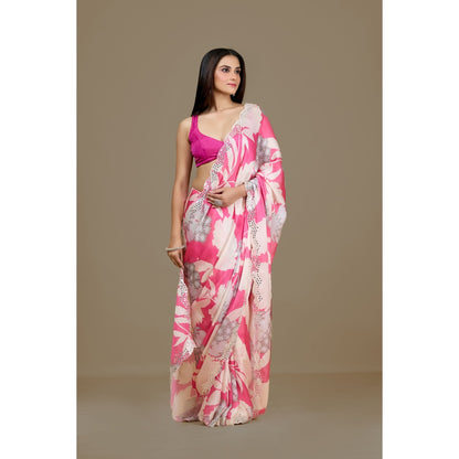 Aparnaa Pink Satin Georgette Handcrafted Mirror Work Saree with Unstitched Blouse