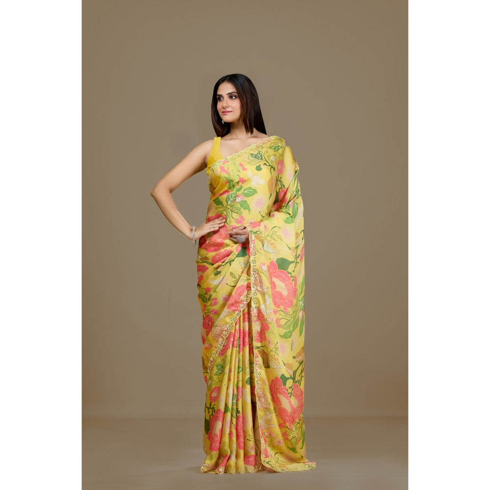 Aparnaa Yellow Satin Georgette Floral Print Saree with Unstitched Blouse