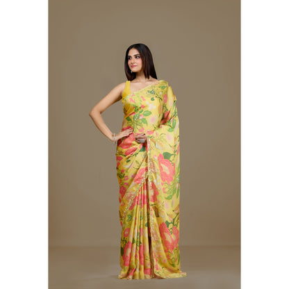 Aparnaa Yellow Satin Georgette Floral Print Saree with Unstitched Blouse