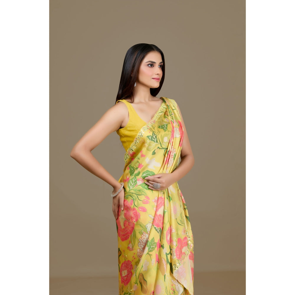 Aparnaa Yellow Satin Georgette Floral Print Saree with Unstitched Blouse