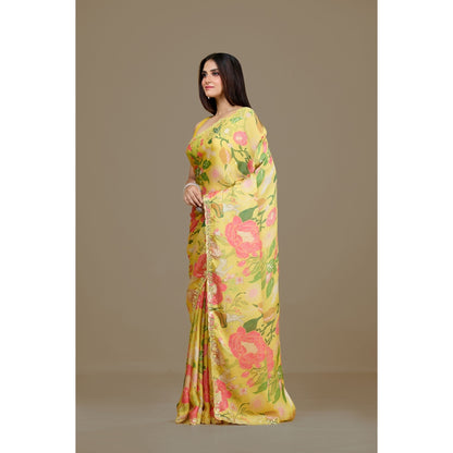 Aparnaa Yellow Satin Georgette Floral Print Saree with Unstitched Blouse