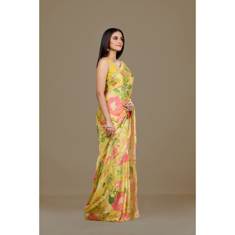 Aparnaa Yellow Satin Georgette Floral Print Saree with Unstitched Blouse
