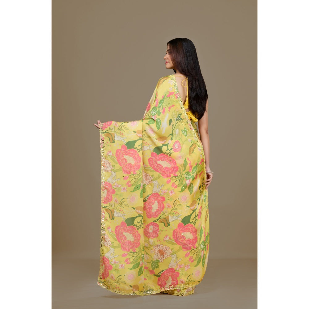 Aparnaa Yellow Satin Georgette Floral Print Saree with Unstitched Blouse