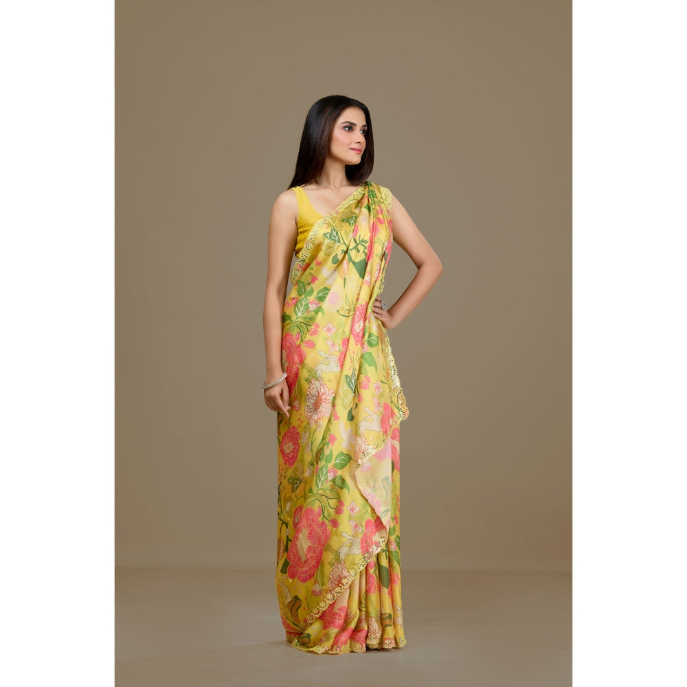 Aparnaa Yellow Satin Georgette Floral Print Saree with Unstitched Blouse