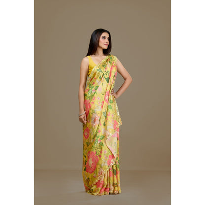 Aparnaa Yellow Satin Georgette Floral Print Saree with Unstitched Blouse