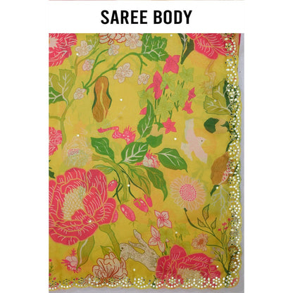 Aparnaa Yellow Satin Georgette Floral Print Saree with Unstitched Blouse