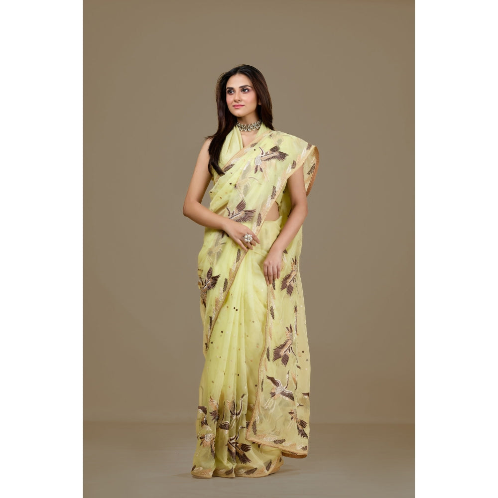 Aparnaa Yellow Organza Embroidered Bird Motifs Saree with Unstitched Blouse