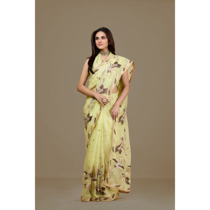 Aparnaa Yellow Organza Embroidered Bird Motifs Saree with Unstitched Blouse