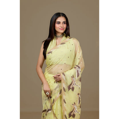 Aparnaa Yellow Organza Embroidered Bird Motifs Saree with Unstitched Blouse