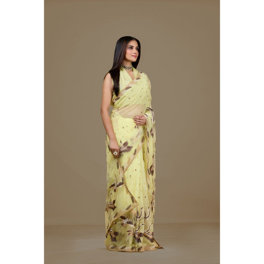 Aparnaa Yellow Organza Embroidered Bird Motifs Saree with Unstitched Blouse
