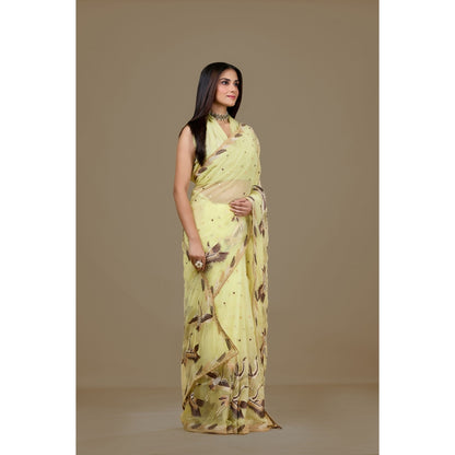 Aparnaa Yellow Organza Embroidered Bird Motifs Saree with Unstitched Blouse