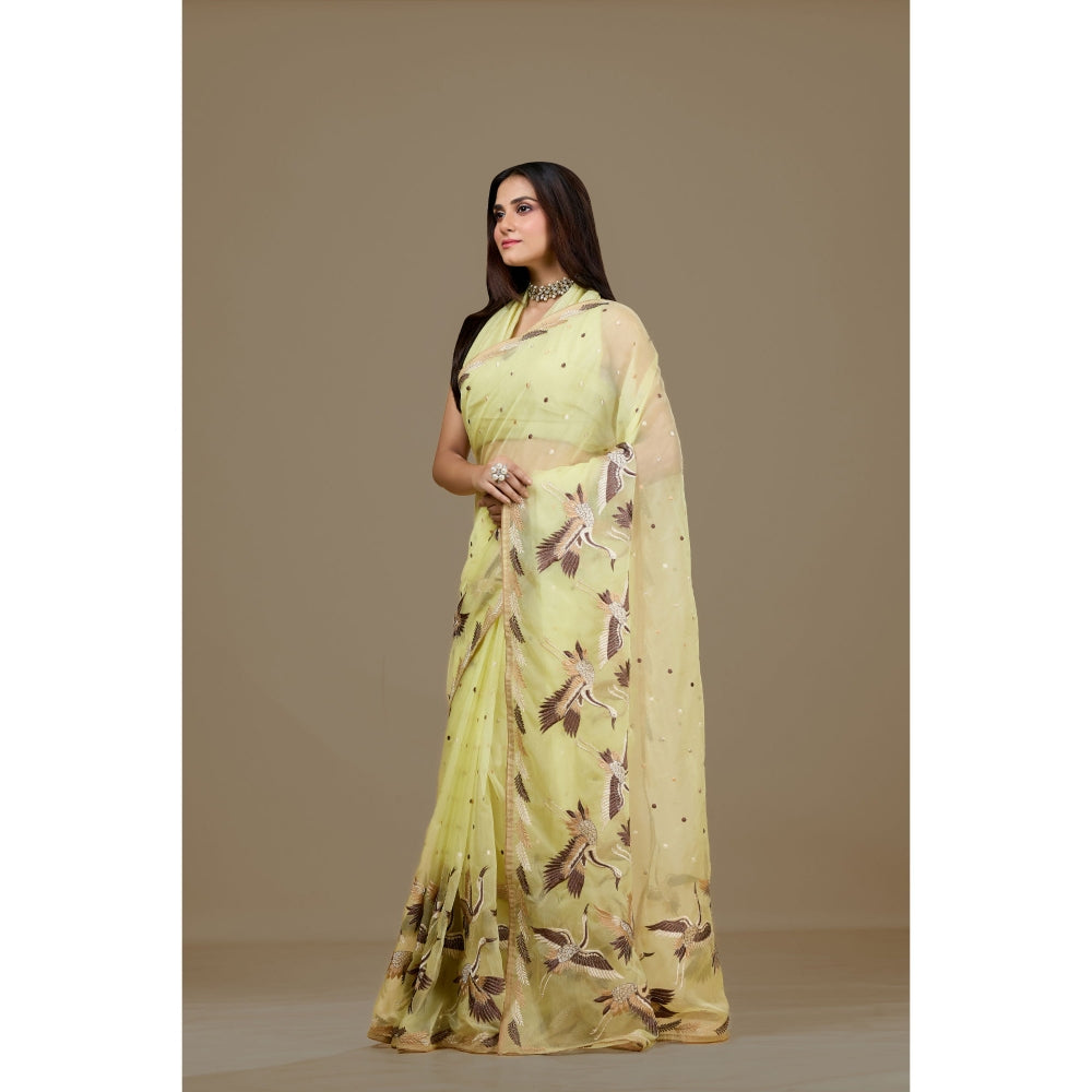 Aparnaa Yellow Organza Embroidered Bird Motifs Saree with Unstitched Blouse