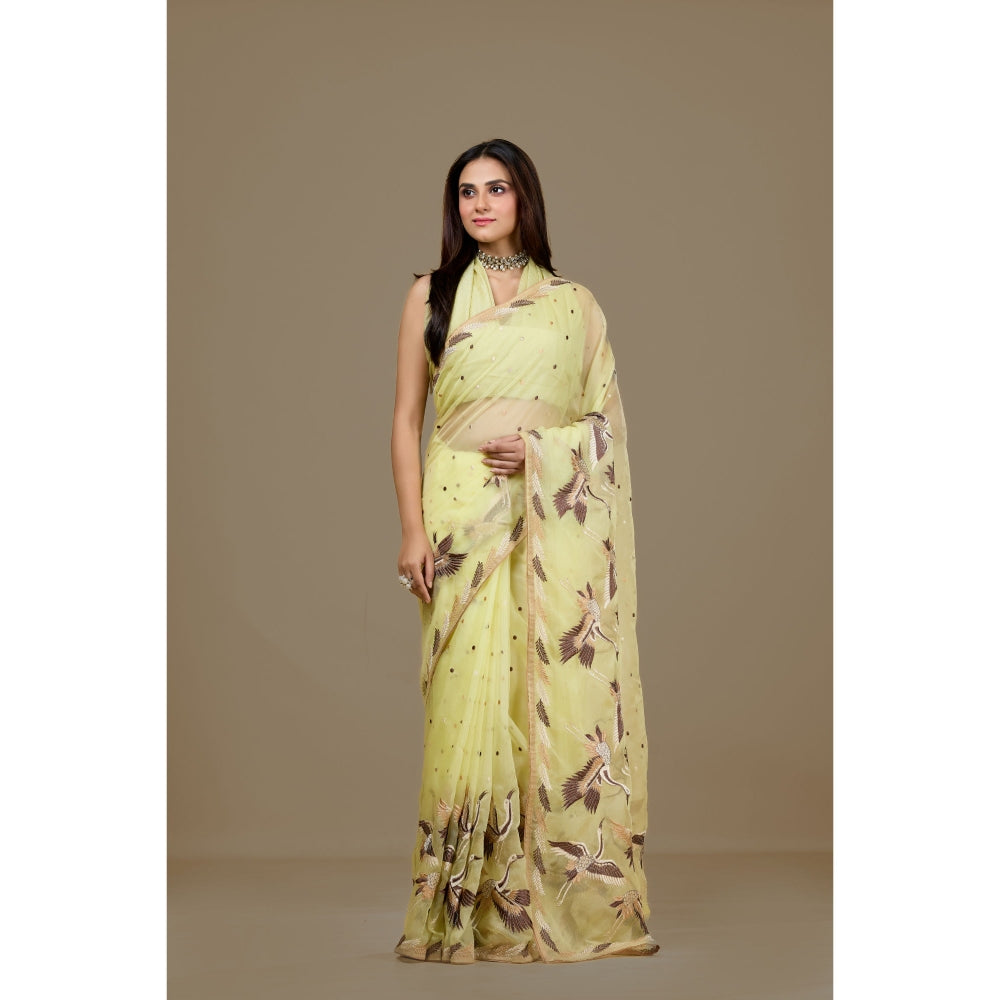 Aparnaa Yellow Organza Embroidered Bird Motifs Saree with Unstitched Blouse