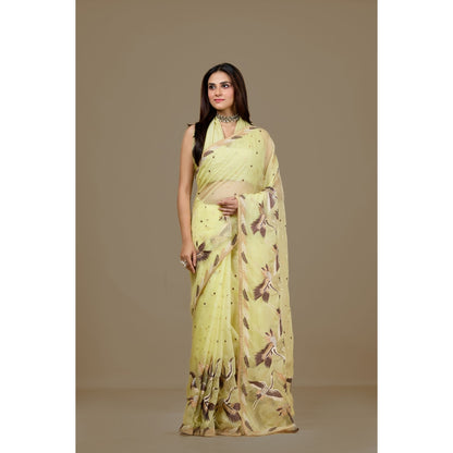 Aparnaa Yellow Organza Embroidered Bird Motifs Saree with Unstitched Blouse