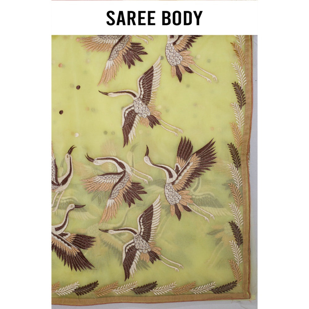 Aparnaa Yellow Organza Embroidered Bird Motifs Saree with Unstitched Blouse