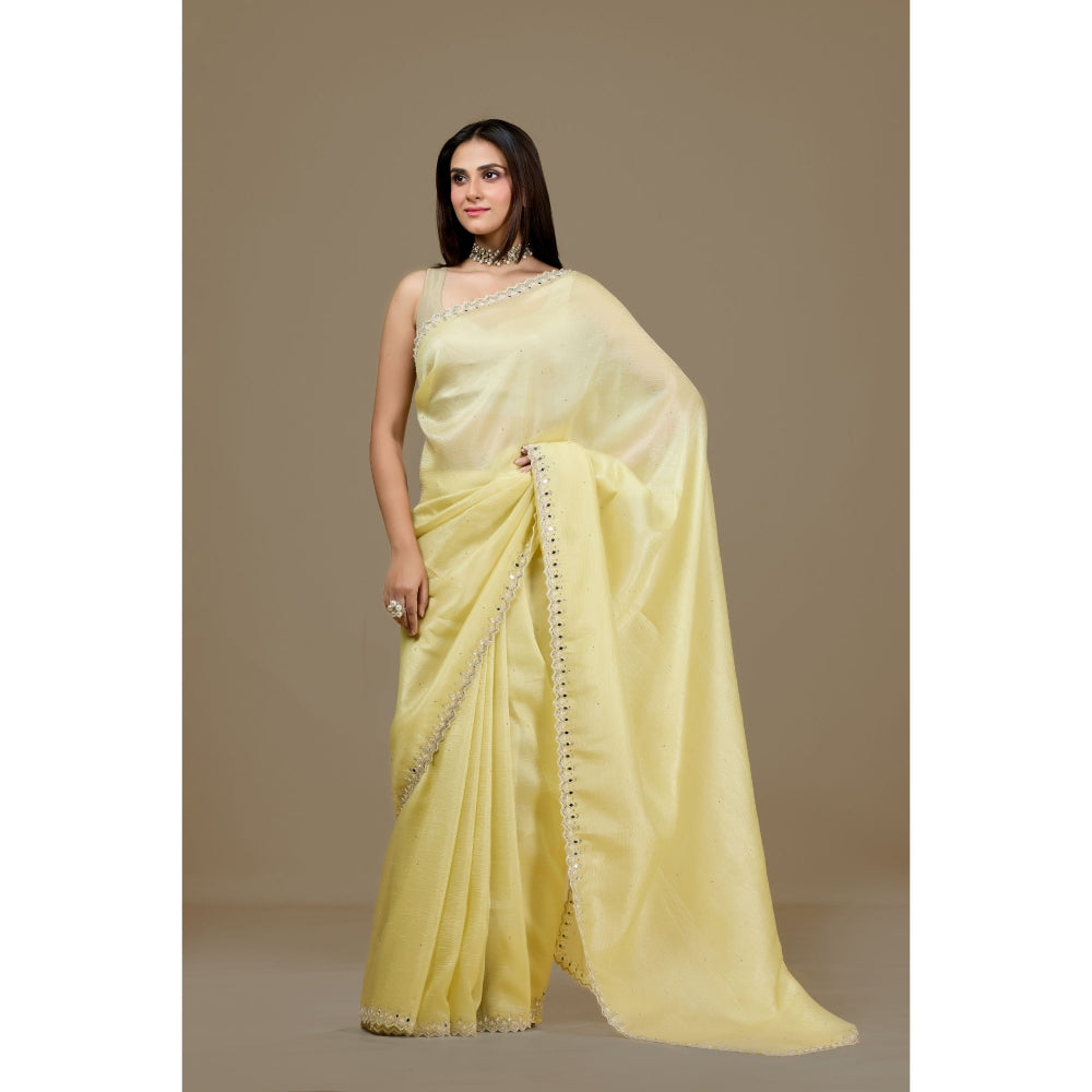 Aparnaa Yellow Fancy Crush Embroidered Mirror Work Saree with Unstitched Blouse
