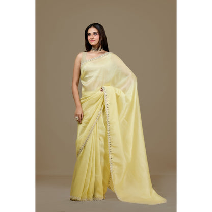 Aparnaa Yellow Fancy Crush Embroidered Mirror Work Saree with Unstitched Blouse