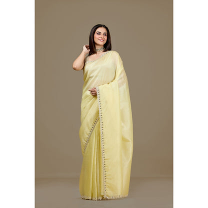 Aparnaa Yellow Fancy Crush Embroidered Mirror Work Saree with Unstitched Blouse