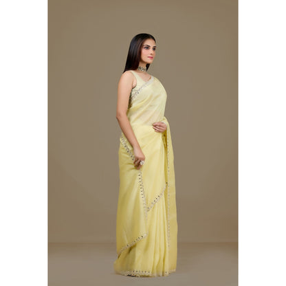 Aparnaa Yellow Fancy Crush Embroidered Mirror Work Saree with Unstitched Blouse