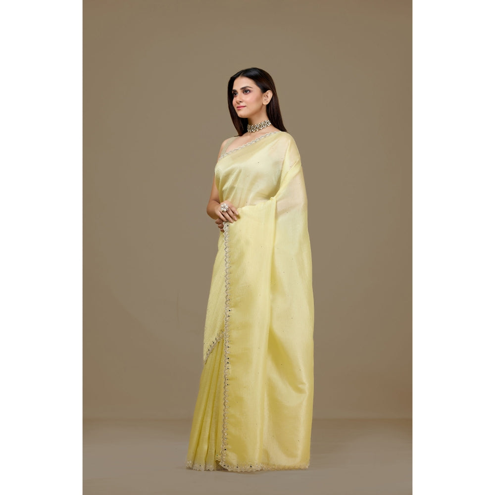 Aparnaa Yellow Fancy Crush Embroidered Mirror Work Saree with Unstitched Blouse