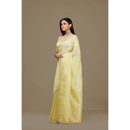 Aparnaa Yellow Fancy Crush Embroidered Mirror Work Saree with Unstitched Blouse