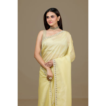Aparnaa Yellow Fancy Crush Embroidered Mirror Work Saree with Unstitched Blouse