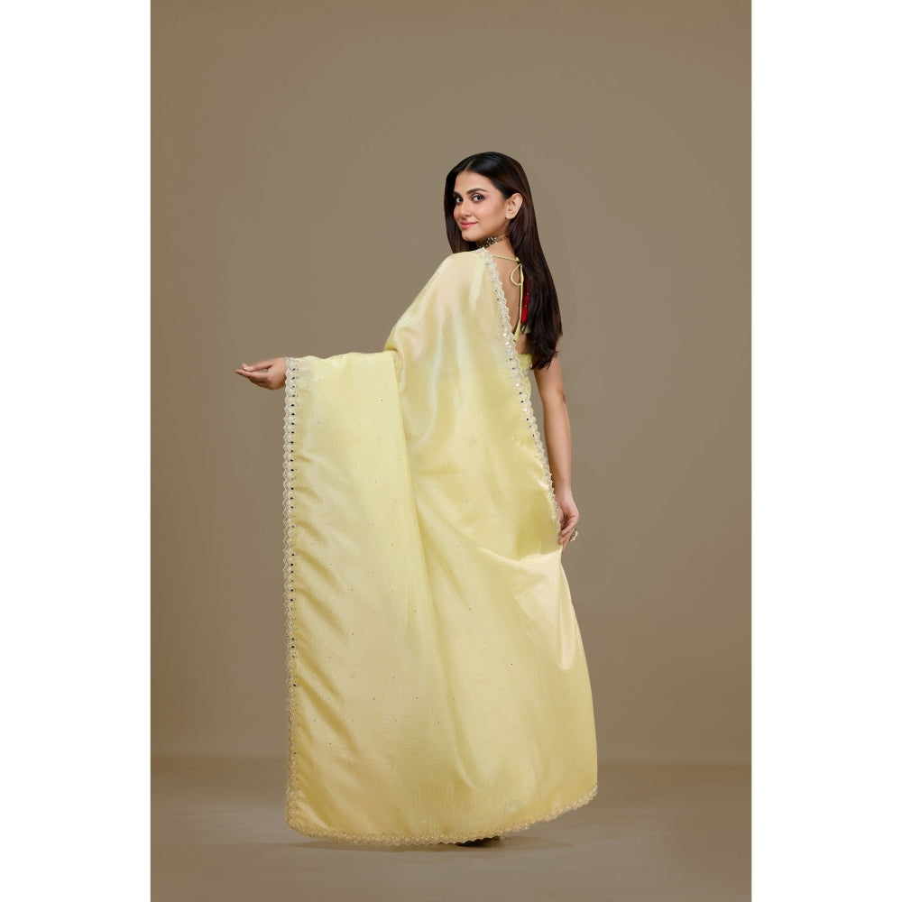 Aparnaa Yellow Fancy Crush Embroidered Mirror Work Saree with Unstitched Blouse