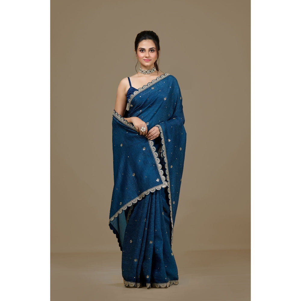 Aparnaa Blue Crushed Embroidered Sequined Saree with Unstitched Blouse