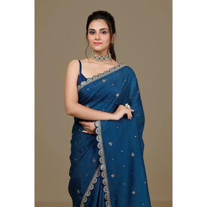 Aparnaa Blue Crushed Embroidered Sequined Saree with Unstitched Blouse