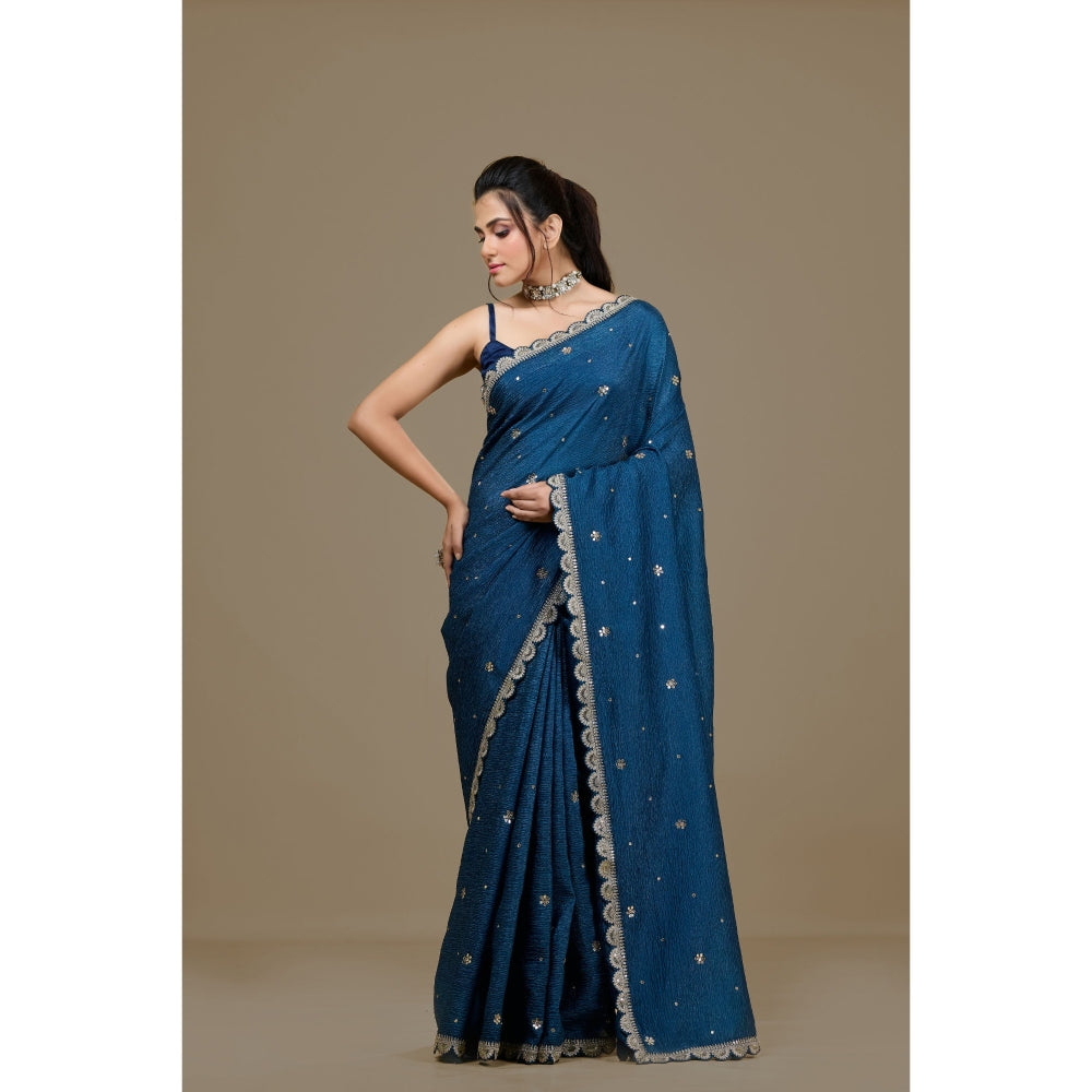 Aparnaa Blue Crushed Embroidered Sequined Saree with Unstitched Blouse