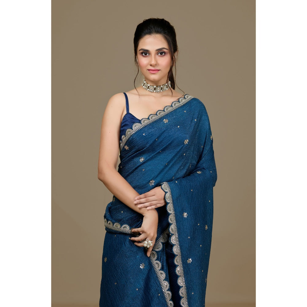 Aparnaa Blue Crushed Embroidered Sequined Saree with Unstitched Blouse