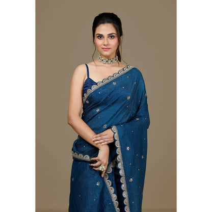 Aparnaa Blue Crushed Embroidered Sequined Saree with Unstitched Blouse
