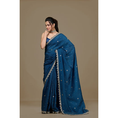 Aparnaa Blue Crushed Embroidered Sequined Saree with Unstitched Blouse