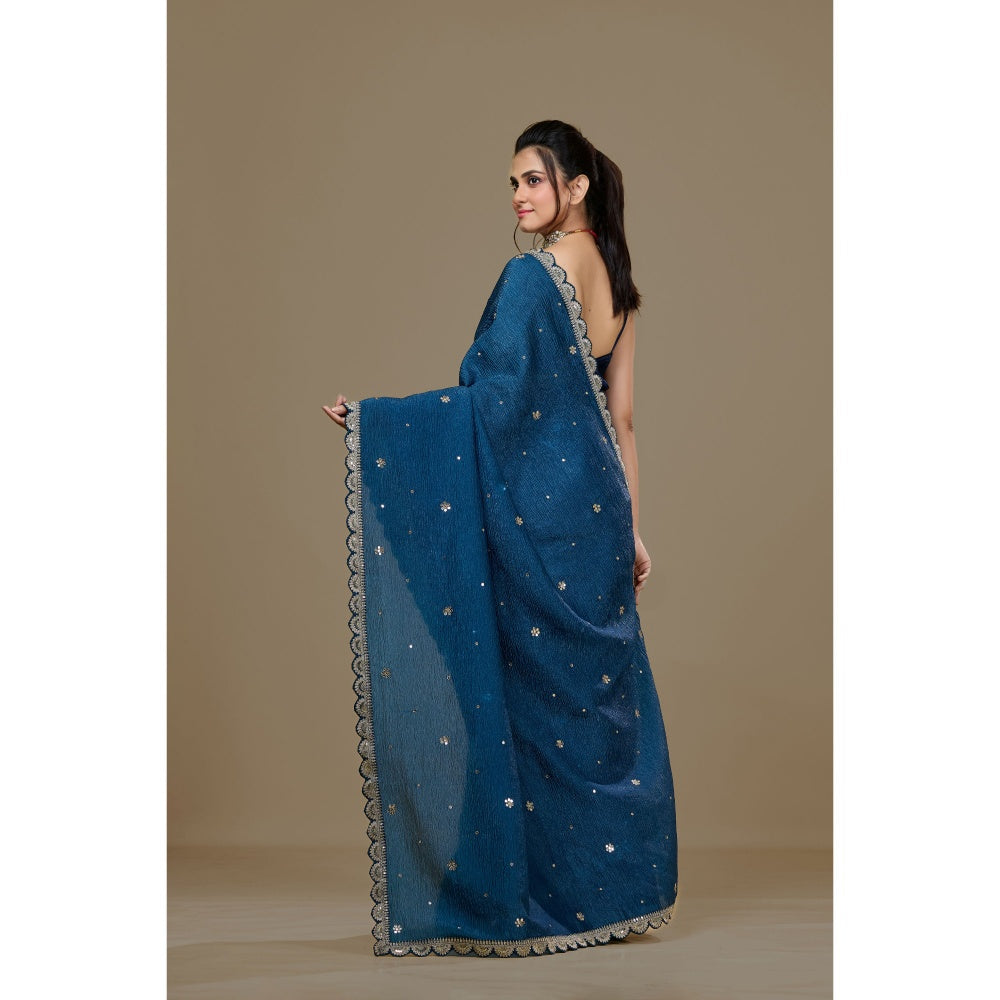 Aparnaa Blue Crushed Embroidered Sequined Saree with Unstitched Blouse