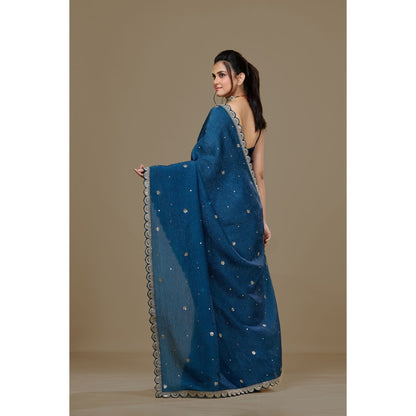 Aparnaa Blue Crushed Embroidered Sequined Saree with Unstitched Blouse