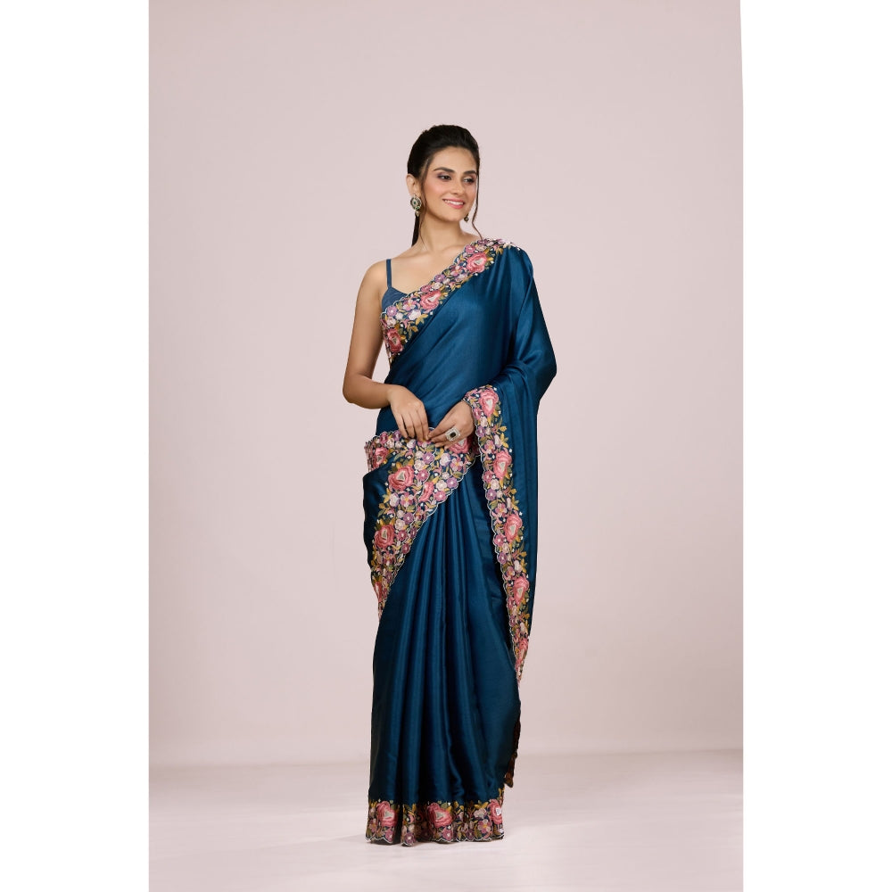 Aparnaa Deep Blue Floral Tussar Silk Saree with Unstitched Blouse